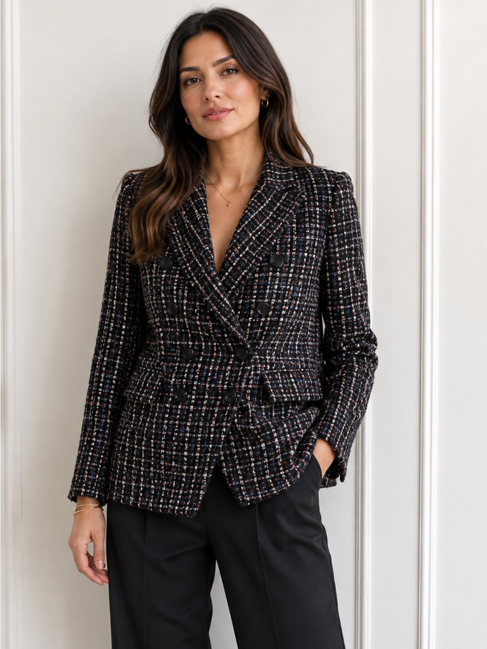 House of Harlow 1960 black multi color tweed double breast tailored blazer L